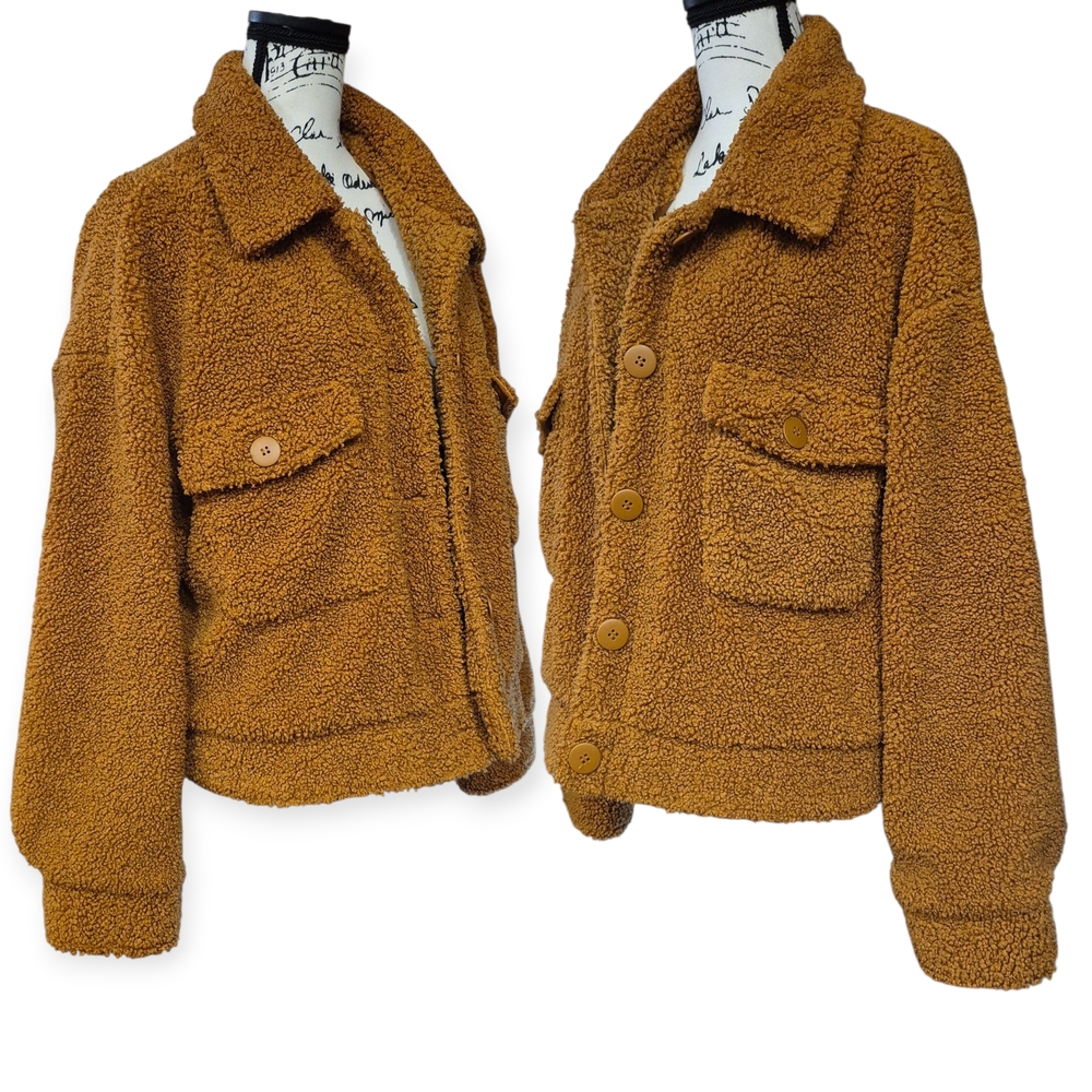 Sanctuary Faux Sherpa Cropped Trucker Jkt Teddy Fleece Button Front Camel Sz XL - Picture 6 of 9